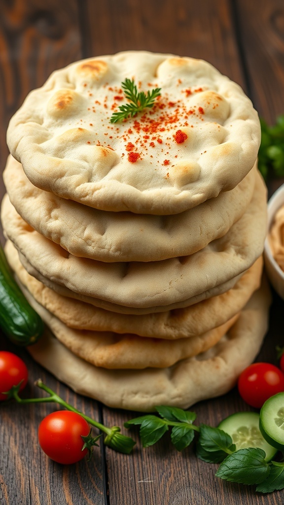 Molly Yeh Freshly baked pita bread stacked on a wooden table with hummus and vegetables.